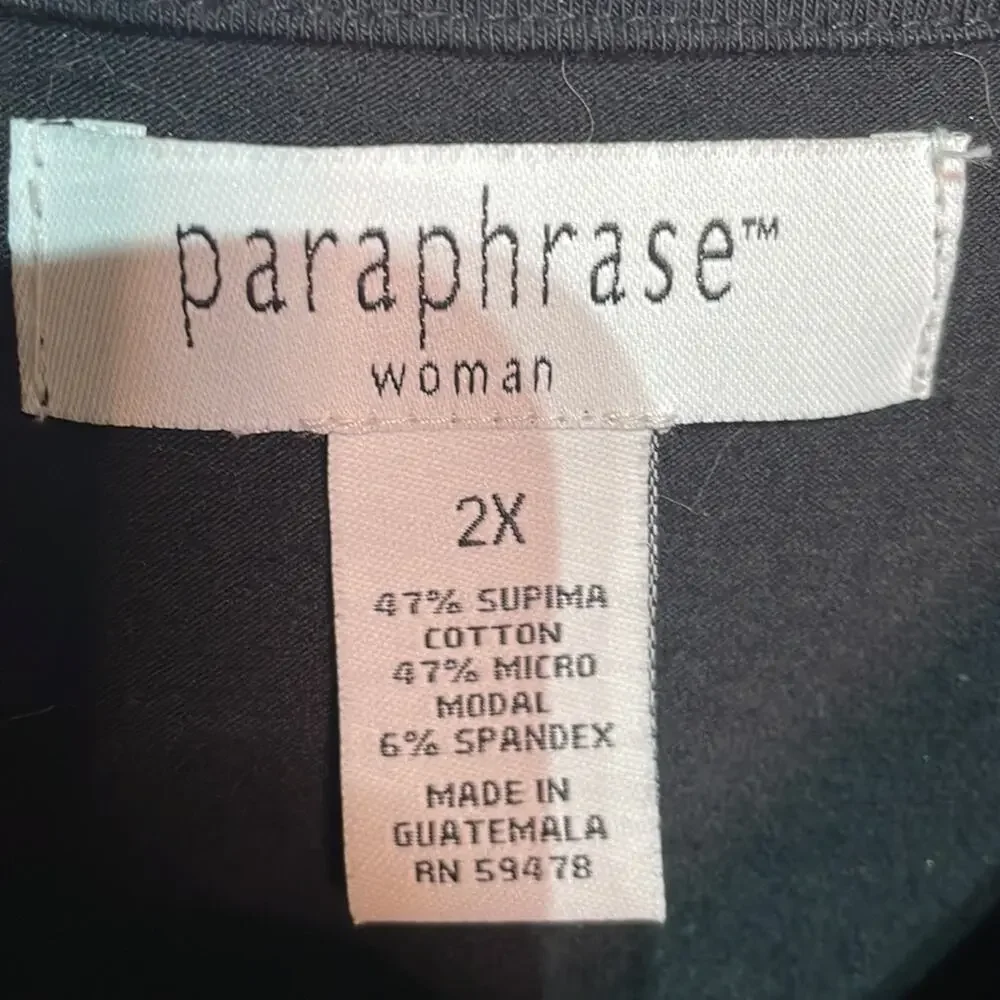 Paraphrase 2x black 3/4 sleeve simple black slight scoop neck cotton spandex euc